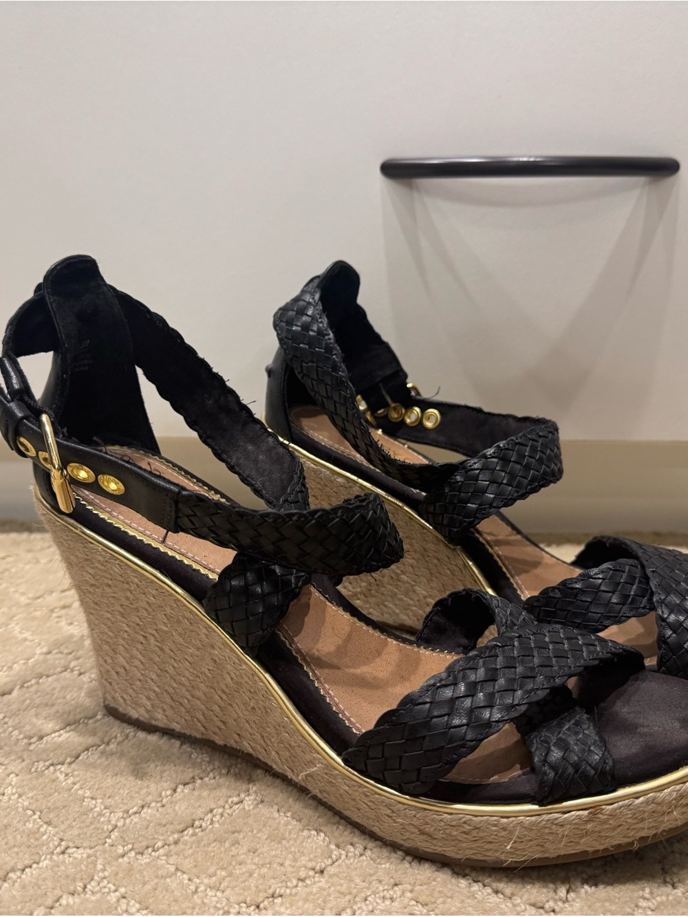 Sperry Black Woven Espadrille Wedge Sandals with Gold Accents